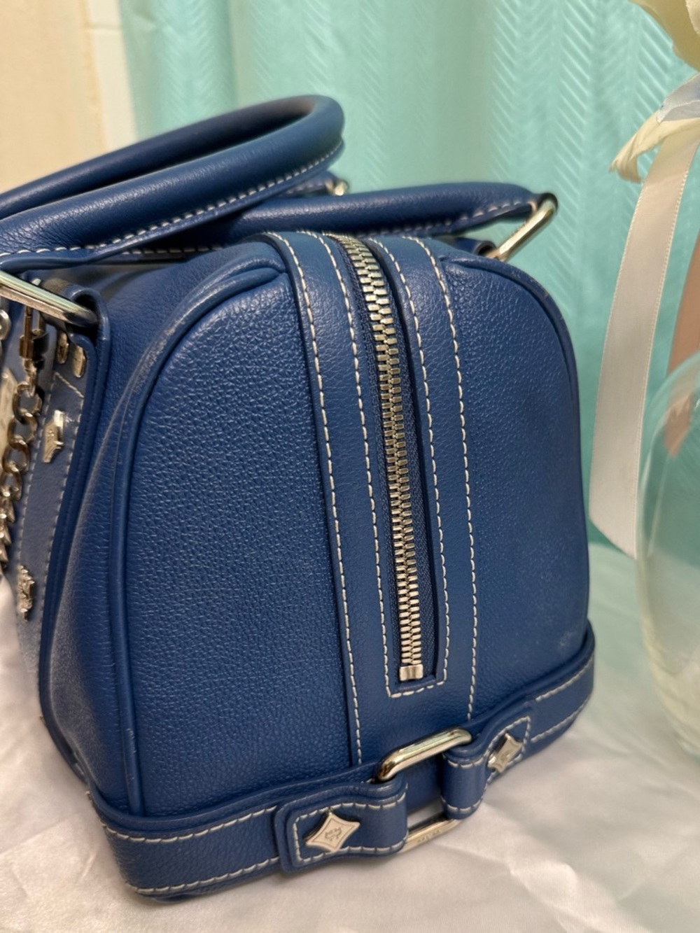 Like New - MCM Blue Leather Boston Satchel - Picture 7 of 8